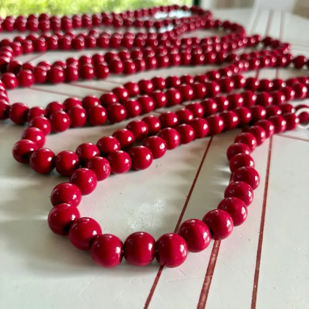 Vintage Bright Red Wooden Bead Garland 12 Ft Rustic Farmhouse Decor